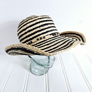 Sun N Sand Woven Straw Hat Tan Black Beaded Band Boho Resort